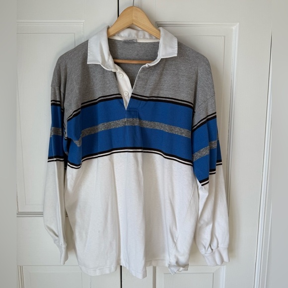 Vintage Electric Avenue Men's Gray and Blue Striped Rugby Shirt - Picture 1 of 5